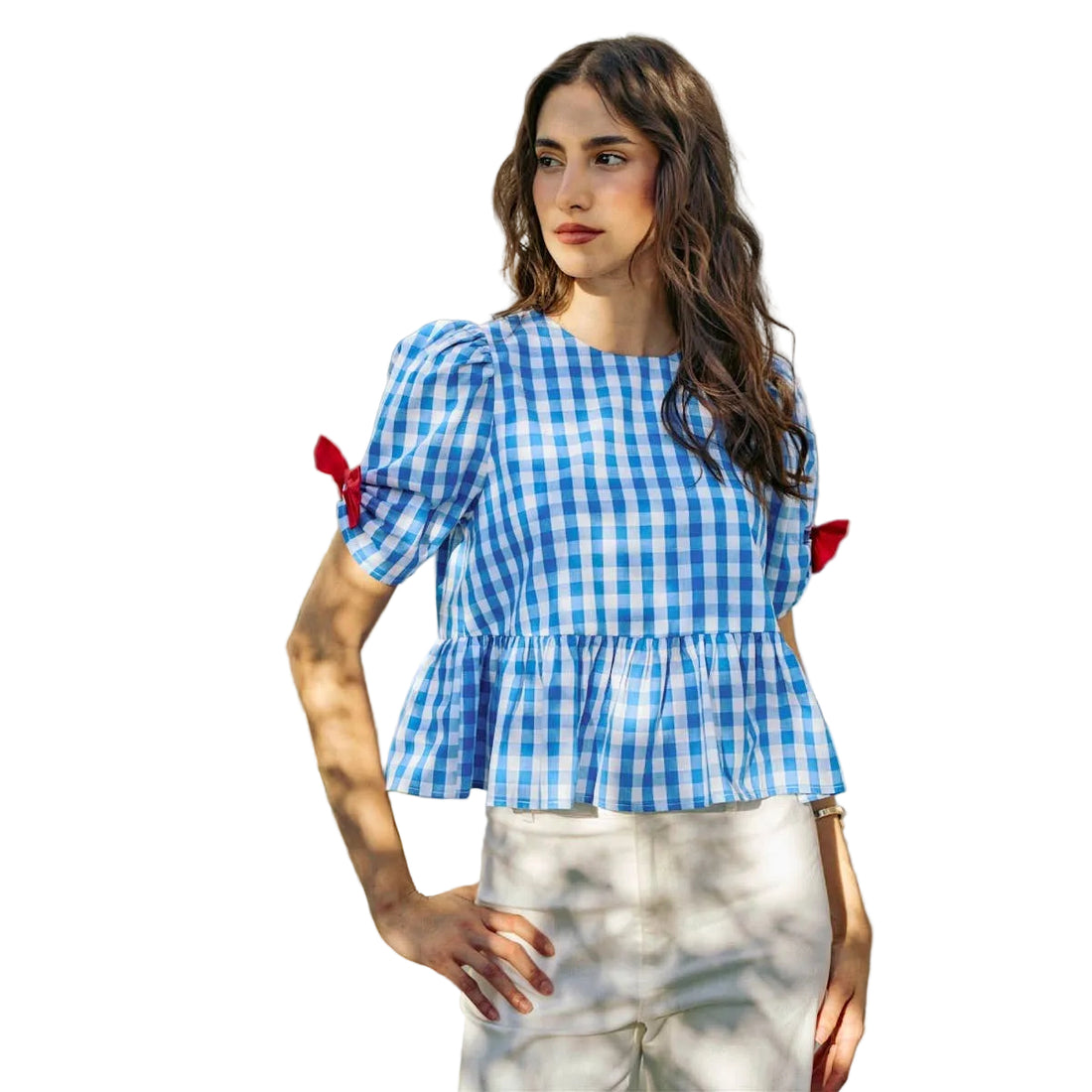 Gingham Ribbon Short Sleeve Bow Top