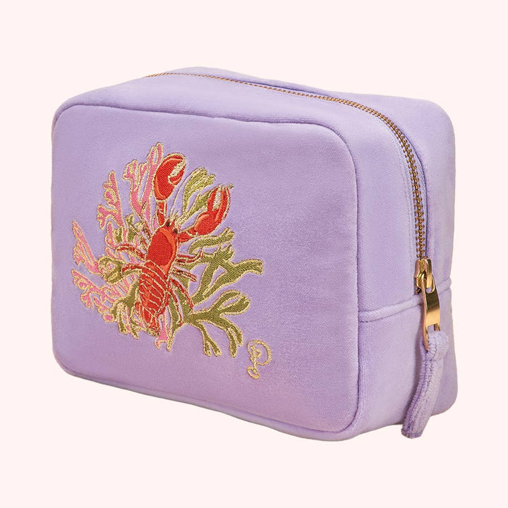 Velvet Embroidered Make Up Bag - Lobster Buddies, Lavender