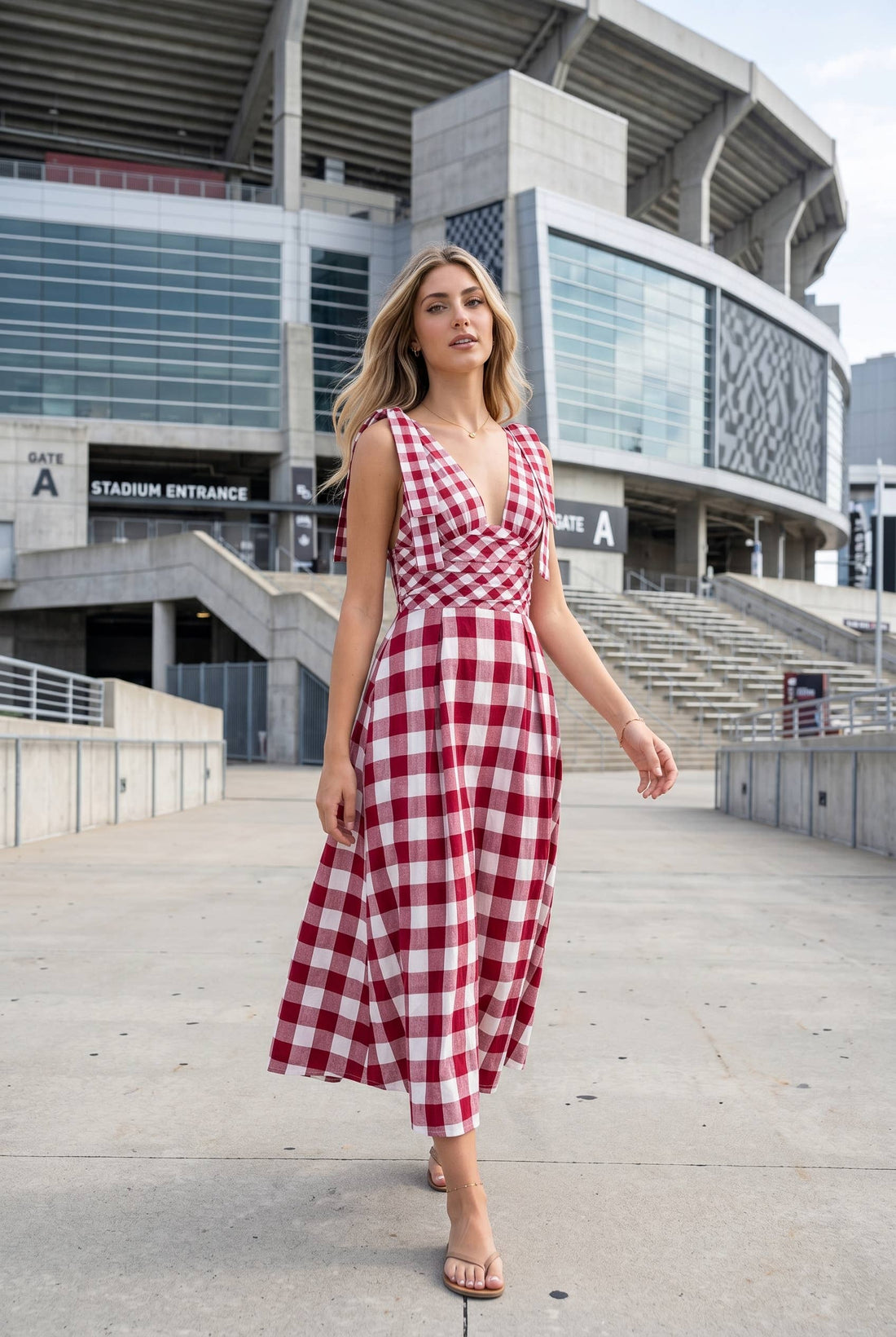 Check Pattern Tie Shoulder Maxi Dress