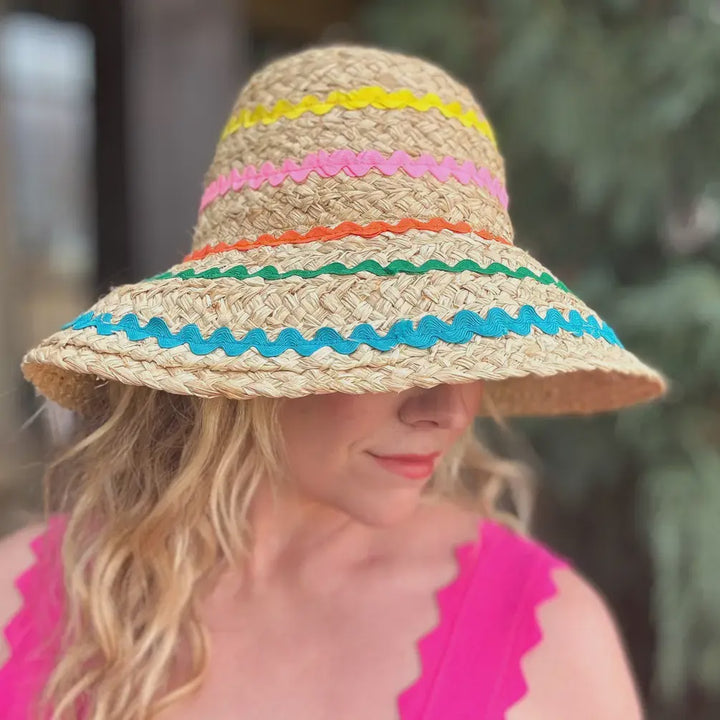 Raffia Bucket Hat - Colorful Ribbon Trim - Carrie
