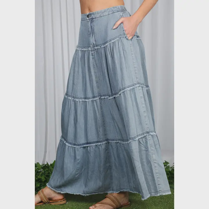 Tiered Maxi Skirt with Raw Hem