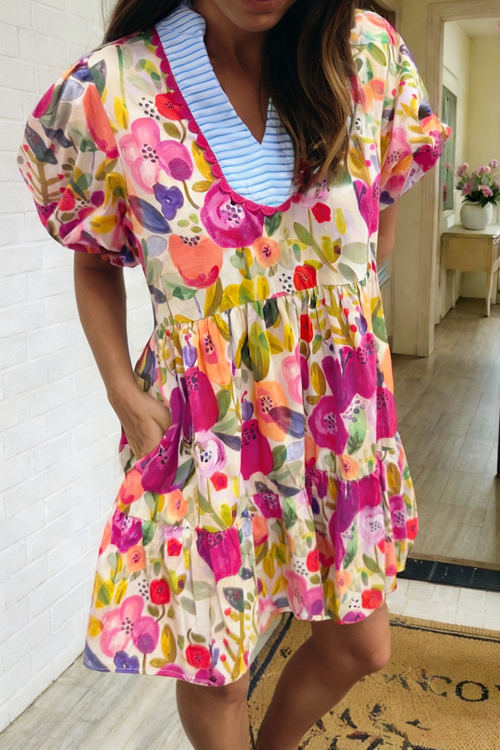 Floral Print Ricrac Trim Striped Patchwork Dress