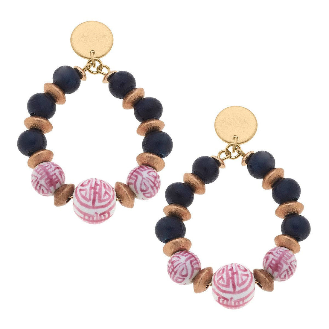 Tansy Pink & White Chinoiserie & Painted Wood Teardrop Earrings in Navy