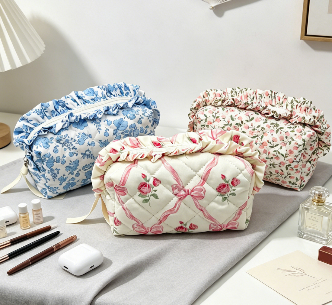 Floral Quilted Bow Ruffle Makeup Bag