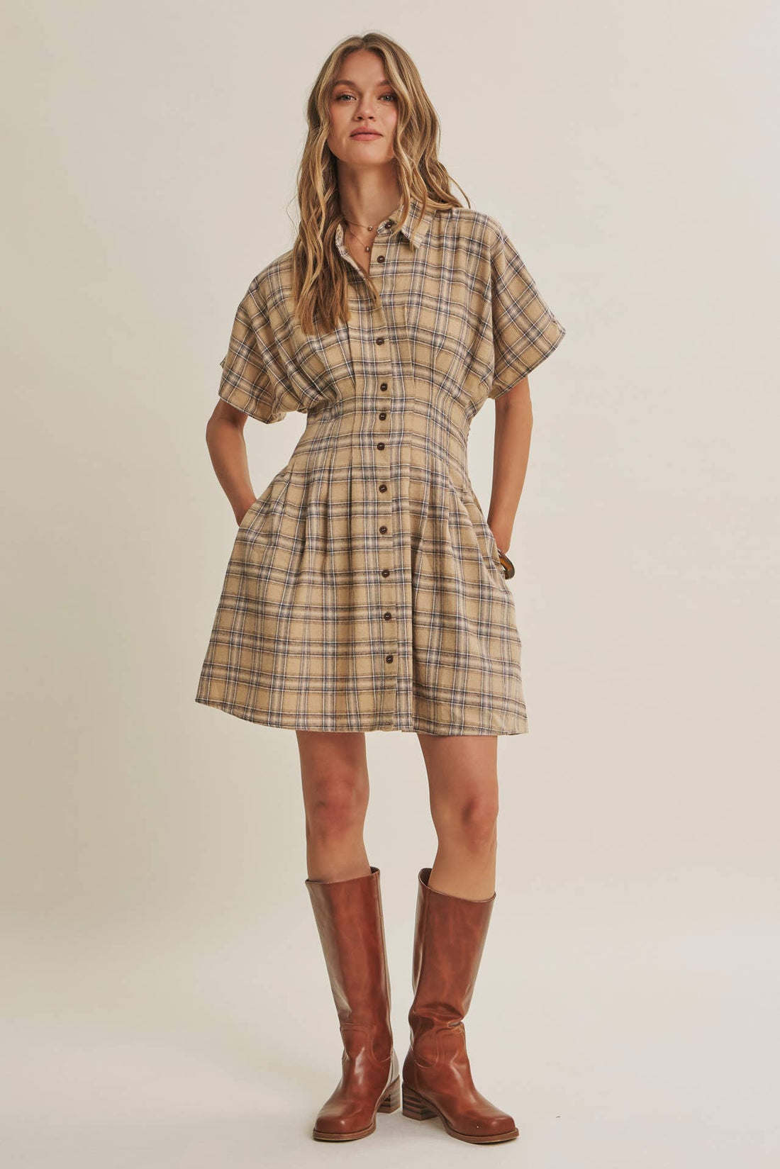 Rustic Cabin Pleated Plaid Mini Shirt Dress