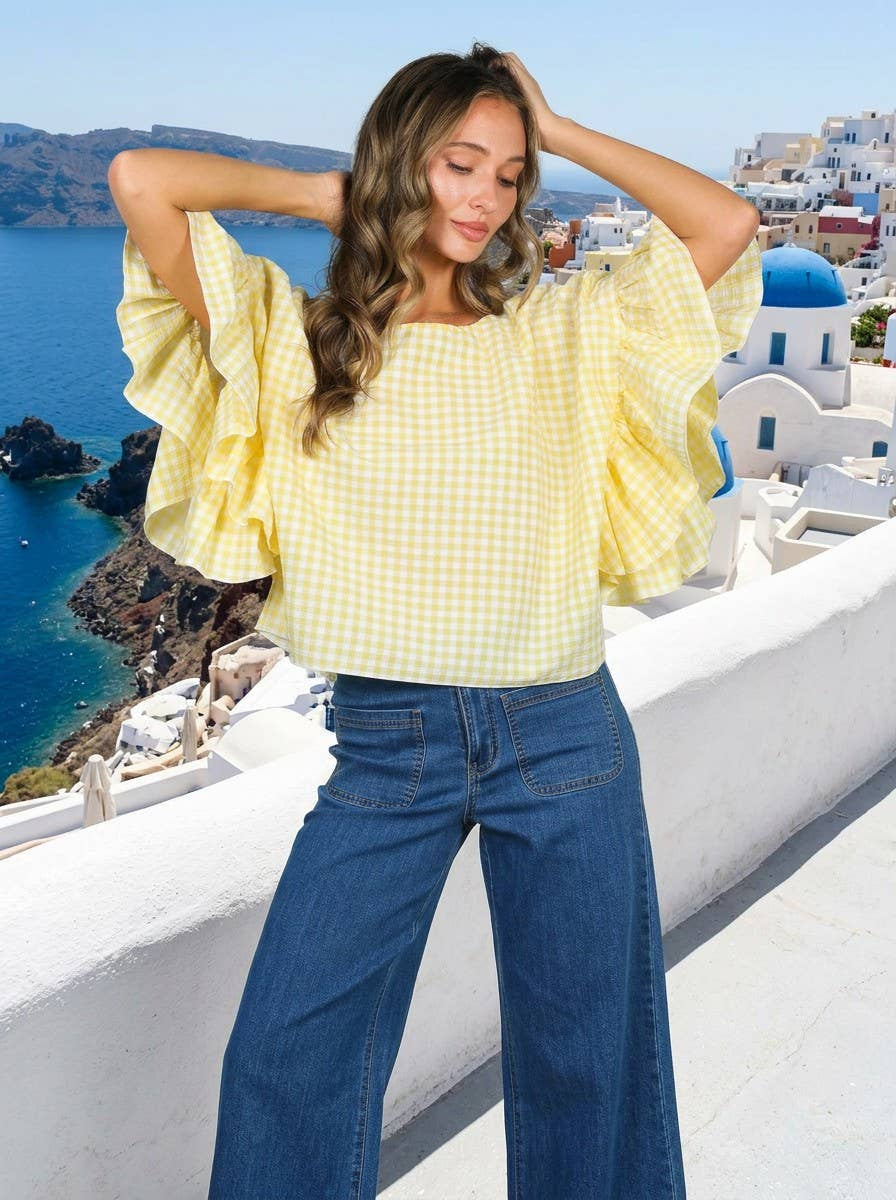 Wild Ruffle Sleeve Gingham Top