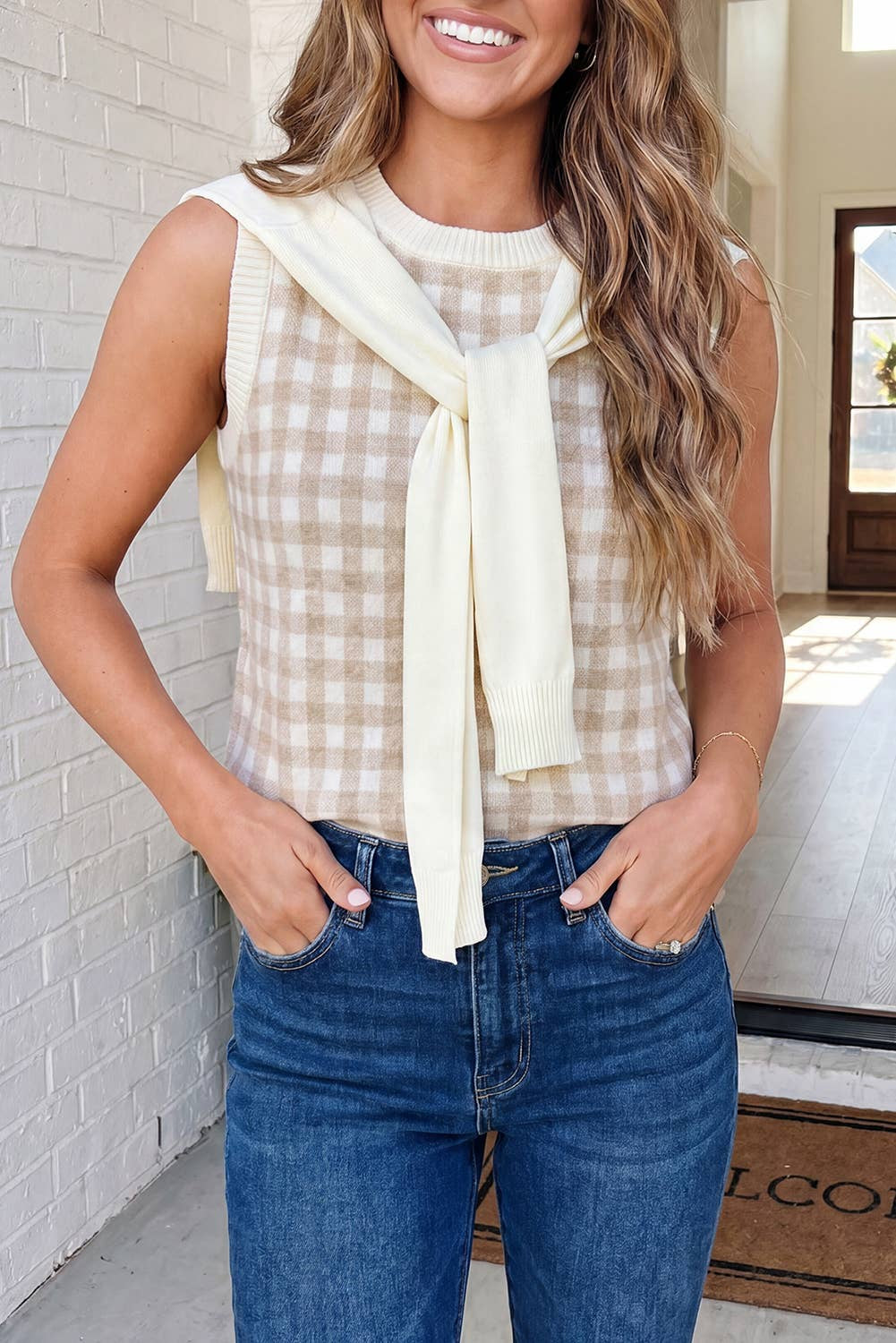 Gingham Sweater w/ Detachable Wrap