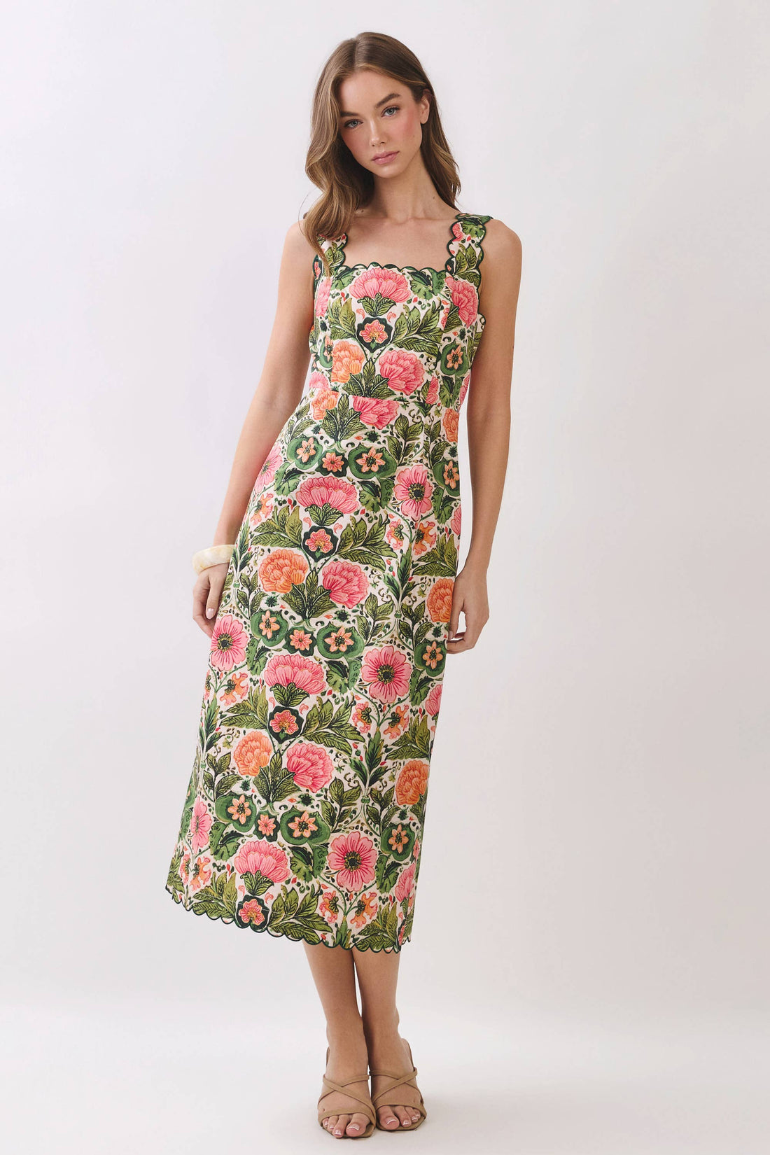 Floral Scallop Trim Detail Midi Dress