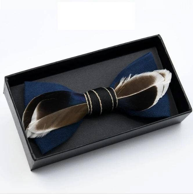 Handmade  Blue Brown White Feather Bow Tie
