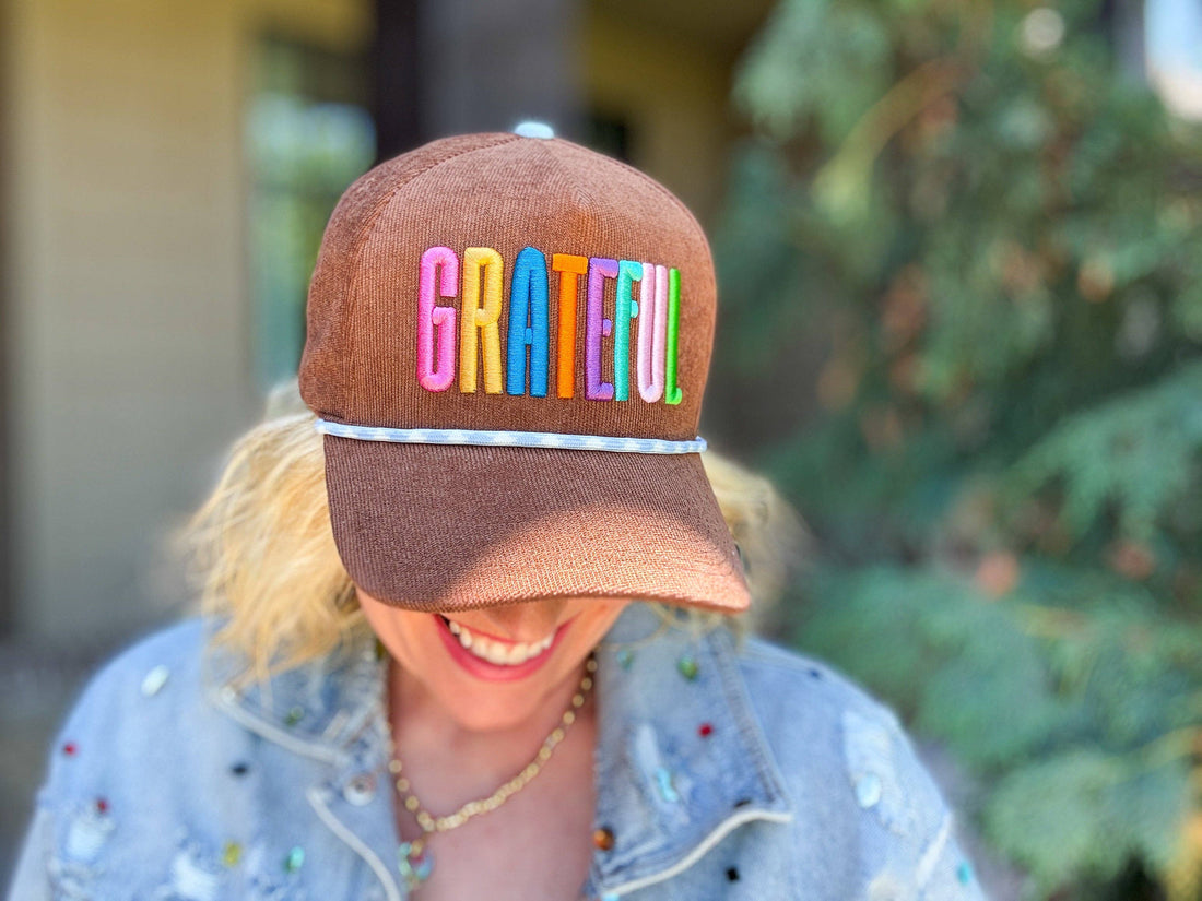 Embroidered Baseball Cap - "Grateful" - Chocolate Brown